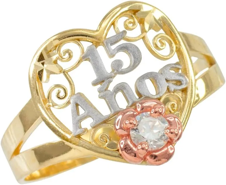 10k Tri-Tone Gold Sweet 15 Anos Solitaire CZ Quinceanera Heart Ring