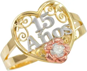 10k Tri-Tone Gold Sweet 15 Anos Solitaire CZ Quinceanera Heart Ring