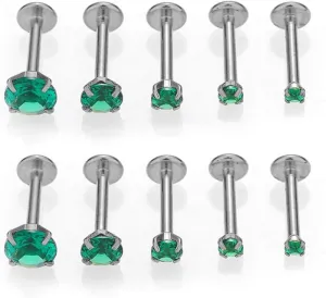 10Pcs 16G Emerald CZ Stainless Steel Lip Rings Internally Threaded Labret Lip Studs Monroe Medusa Piercing Jewelry Conch Helix Cartilage Studs Earrings 6mm 8mm 10mm