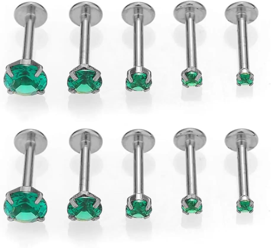 10Pcs 16G Emerald CZ Stainless Steel Lip Rings Internally Threaded Labret Lip Studs Monroe Medusa Piercing Jewelry Conch Helix Cartilage Studs Earrings 6mm 8mm 10mm