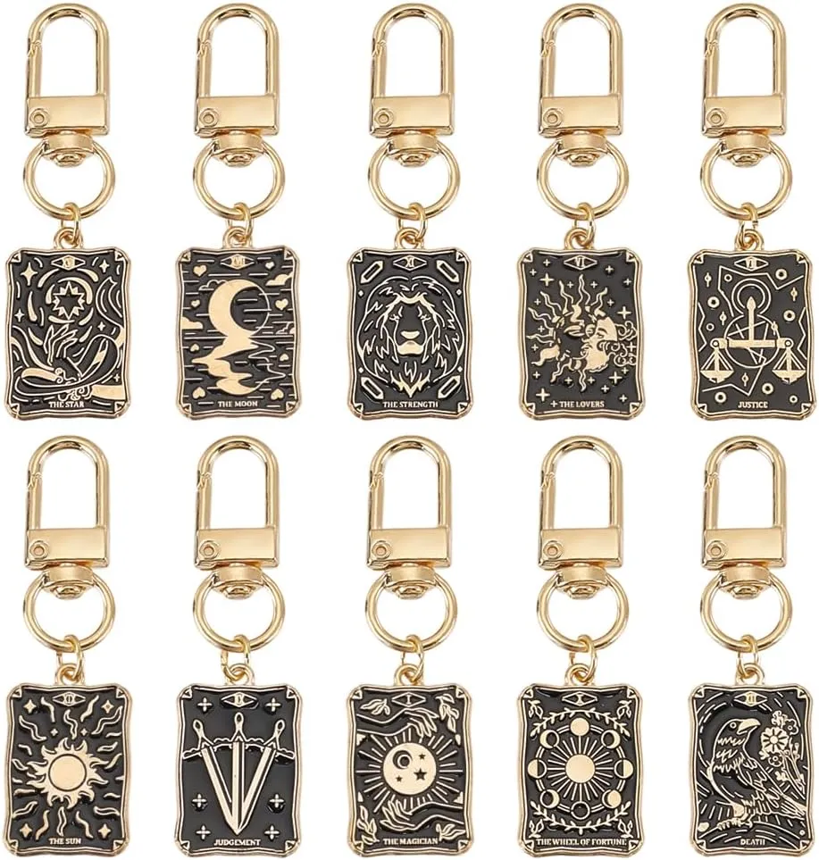 10Pcs Tarot Charms 62mm Rectangle Tarot Card Keychain Golden Black Tarot Keychain Charms Tarot Card Pendants with Lobster Clasp Sun Moon Crochet Keychain Charms