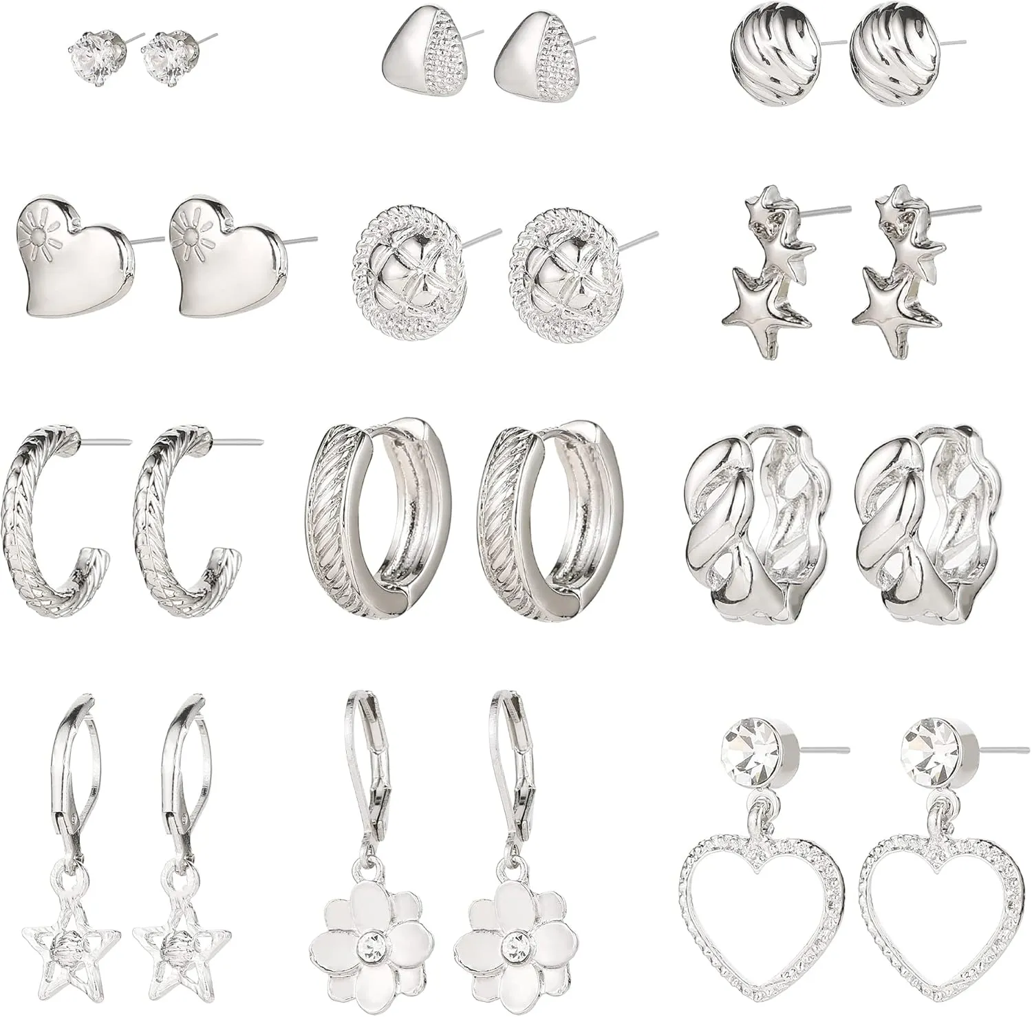 12 Pairs Gold Hoop Earrings Set for Women Multipack, Boho Fashion Statement Stud hoops Earring Packs Hypoallergenic Dainty Heart Flower Sun Star Shaped Assorted Dangle Earrings Jewelry for Gift