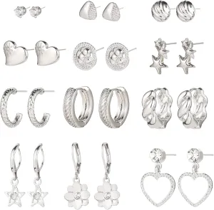 12 Pairs Gold Hoop Earrings Set for Women Multipack, Boho Fashion Statement Stud hoops Earring Packs Hypoallergenic Dainty Heart Flower Sun Star Shaped Assorted Dangle Earrings Jewelry for Gift