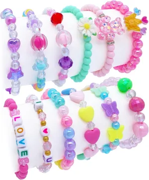 12 PCS Kids Bracelets for Girls Jewelry Little Girl Beaded Bracelets Flower Butterfly LOVE Letter Pink Princess Pretend Play Easter Christmas Birthday Gift