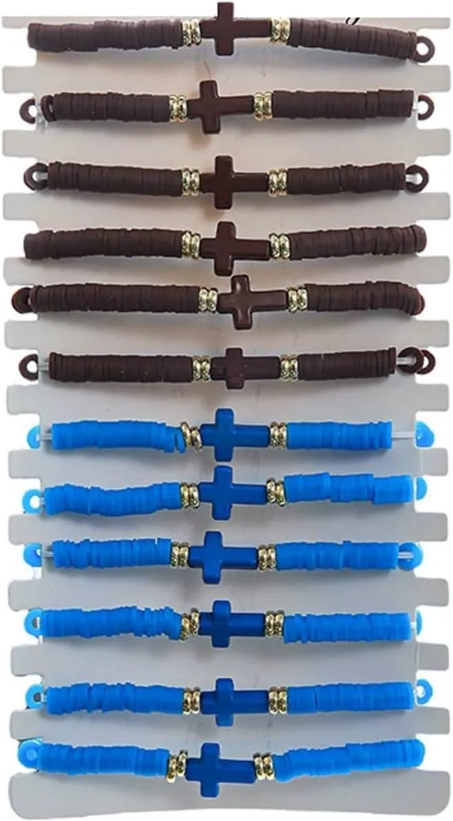 12Pcs Colorful Cross Stackable Bracelets Set With Cards Bohemia Rainbow Polymer Clay Cross Stretch Bracelets for Women Summer Beach Friendship Jewelry Gifts