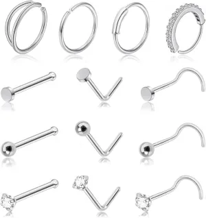 13Pcs 20G Titanium Nose Rings Studs for Women, Nose Piercings Rings Hoop, Small L Shaped Corkscrew Bone Nose Studs Spiral Nose Ring Double Hoop, Tiny CZ Diamond Nose Studs Rings, Cute Gold Nose Piercing Jewelry Set