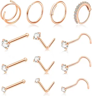 13Pcs 20G Titanium Nose Rings Studs for Women, Nose Piercings Rings Hoop, Small L Shaped Corkscrew Bone Nose Studs Spiral Nose Ring Double Hoop, Tiny CZ Diamond Nose Studs Rings, Cute Gold Nose Piercing Jewelry Set