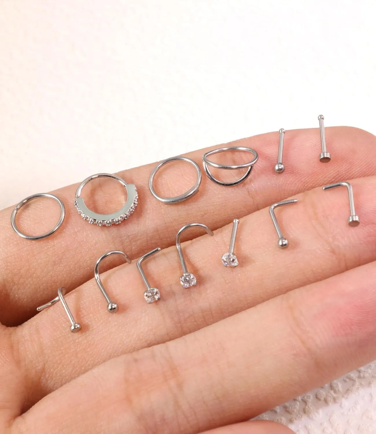 13Pcs 20G Titanium Nose Rings Studs for Women, Nose Piercings Rings Hoop, Small L Shaped Corkscrew Bone Nose Studs Spiral Nose Ring Double Hoop, Tiny CZ Diamond Nose Studs Rings, Cute Gold Nose Piercing Jewelry Set