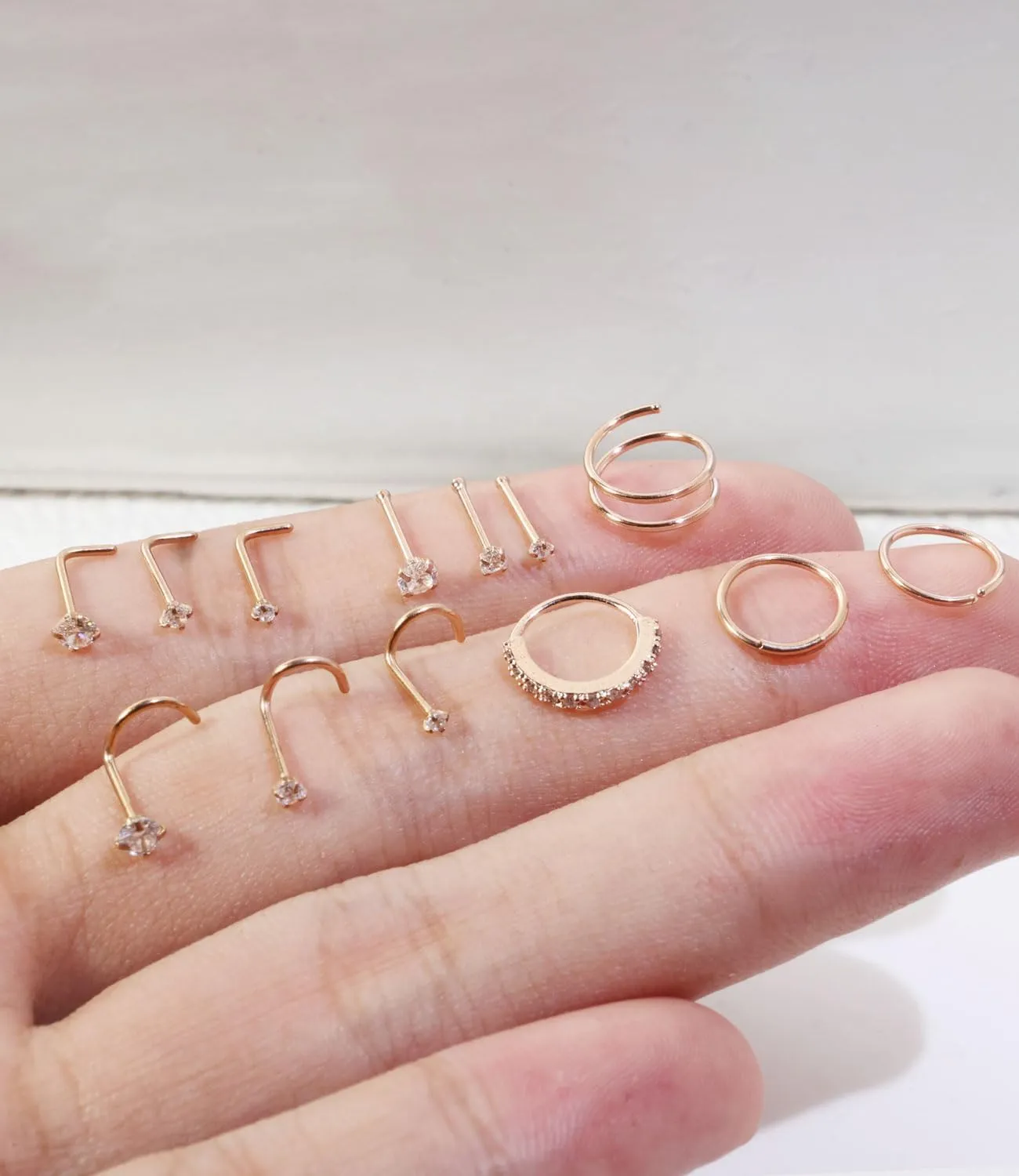 13Pcs 20G Titanium Nose Rings Studs for Women, Nose Piercings Rings Hoop, Small L Shaped Corkscrew Bone Nose Studs Spiral Nose Ring Double Hoop, Tiny CZ Diamond Nose Studs Rings, Cute Gold Nose Piercing Jewelry Set