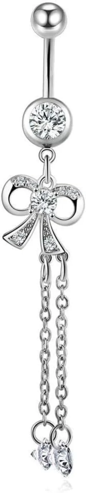 14G Bowknot Tassel Dangle Belly Button Rings for Women Stainless Steel Long Dangling Belly Navel Ring 3/8" 10mm Curved Barbell Hypoallergenic Body Piercing Jewelry