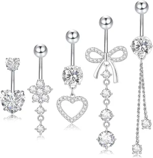 14G Clicker Belly Button Ring, Dangle Belly Button Rings, Surgical Stainless Steel CZ Cute Navel Body Piercing Jewelry for Women, Gold/Silver/Pink