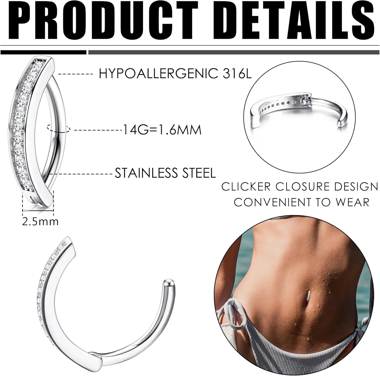 14G Clicker Belly Button Rings for Women Gold Plated Belly Ring Cute CZ Small Hoop Belly Button Rings Simple Reverse Curved Navel Barbell Body Belly Piercing Jewelry
