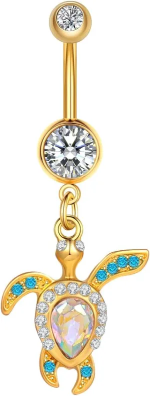 14G Colorful CZ Sea Turtle Belly Button Ring for Women 316L Surgical Steel Dangle Belly Rings Cute Navel Piercing Jewelry for Summer Beach