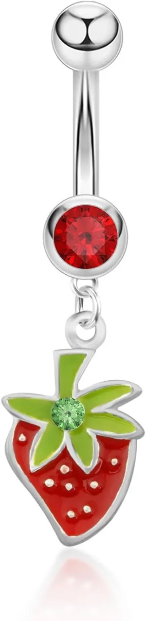 14G Cute Strawberry Dangle Belly Button Rings for Women Stainless Steel Red CZ Enamel Fruit Belly Rings Belly Navel Piercing Jewelry