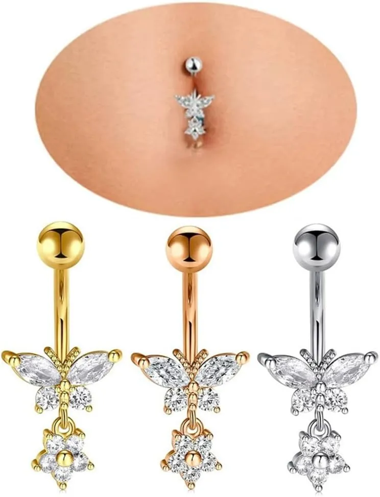 14G CZ Butterfly Flower Dangle Belly Button Rings for Women 316L Surgical Steel Belly Piercing Jewelry 3/8" 10mm Curved Navel Barbell Ring Dangling Body Jewelry
