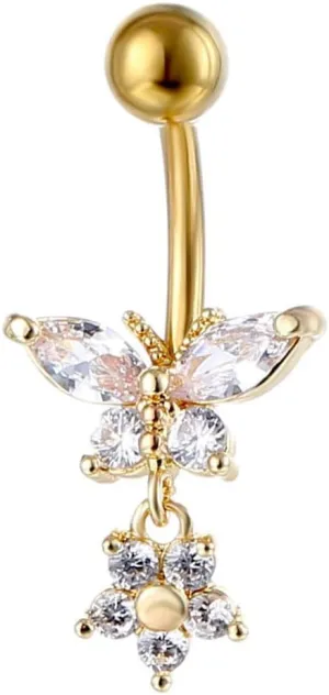 14G CZ Butterfly Flower Dangle Belly Button Rings for Women 316L Surgical Steel Belly Piercing Jewelry 3/8" 10mm Curved Navel Barbell Ring Dangling Body Jewelry