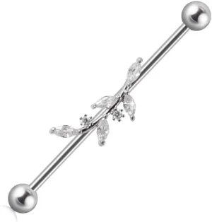 14G CZ Leaf Industrial Barbell for Women Dainty Stainless Steel Cartilage Industrial Earrings Industrial Piercing Jewelry 38mm