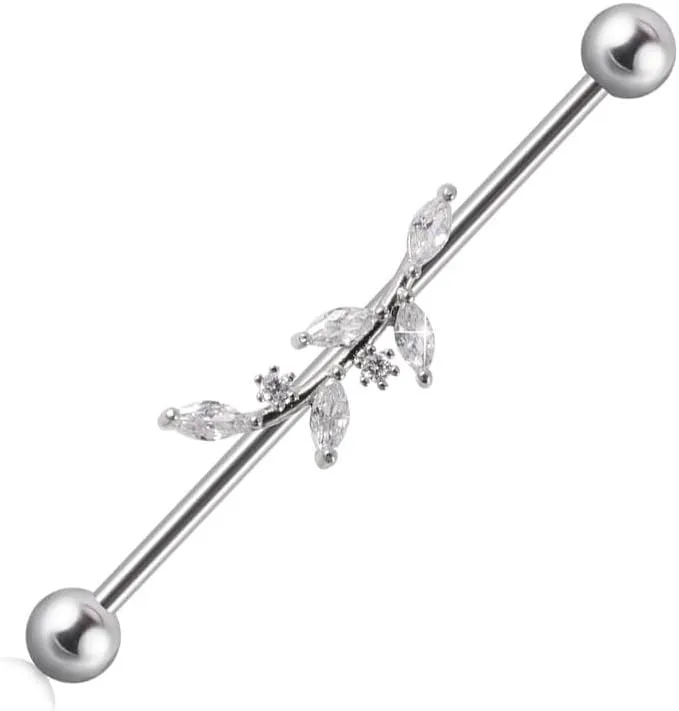 14G CZ Leaf Industrial Barbell for Women Dainty Stainless Steel Cartilage Industrial Earrings Industrial Piercing Jewelry 38mm
