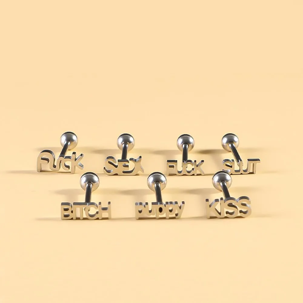 14G Fancy Words Stainless Steel Tongue Ring for Women Bitch Fuck Kiss Sex Letter Tongue Rings Studs Straight Barbell Sexy Tongue Piercing Jewelry