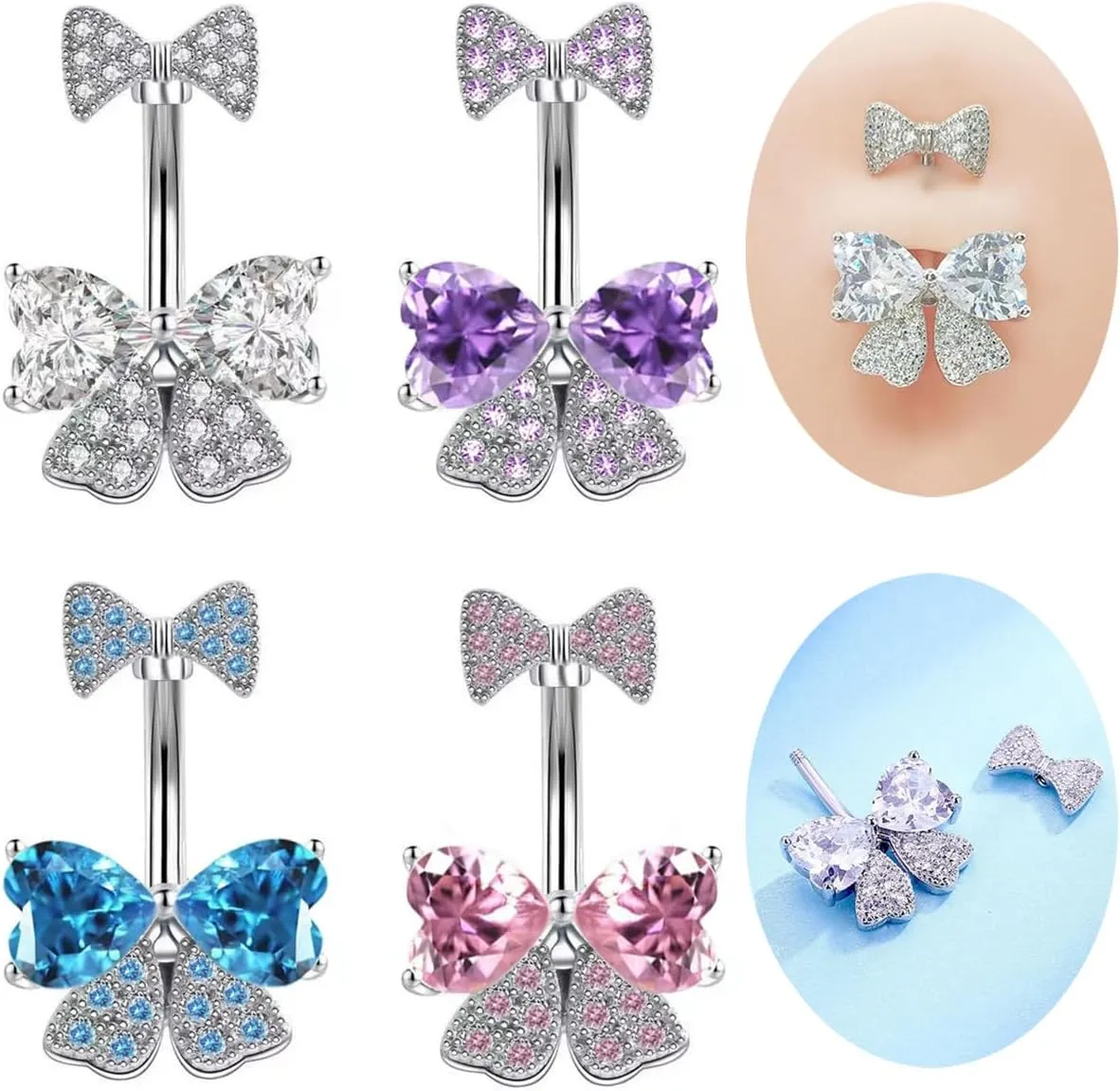 14G Rhinestone Bowknot Belly Button Ring for Women - Stainless Steel CZ Crystal Bow Navel Curved Barbell - Sparkling Body Piercing Jewelry