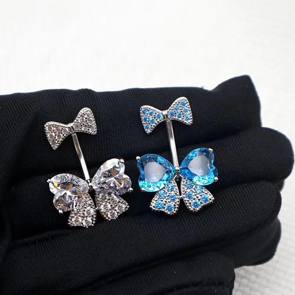 14G Rhinestone Bowknot Belly Button Ring for Women - Stainless Steel CZ Crystal Bow Navel Curved Barbell - Sparkling Body Piercing Jewelry