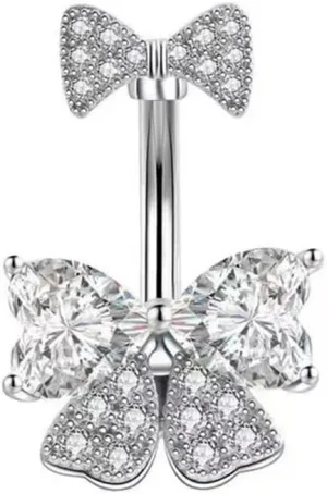 14G Rhinestone Bowknot Belly Button Ring for Women - Stainless Steel CZ Crystal Bow Navel Curved Barbell - Sparkling Body Piercing Jewelry