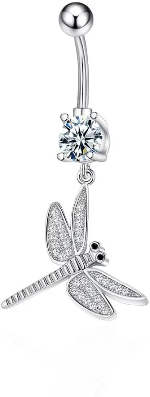 14G Rhinestone Dragonfly Dangle Belly Button Rings for Women Surgical Stainless Steel Cubic Zirconia Belly Navel Barbell Ring Body Piercing Jewelry