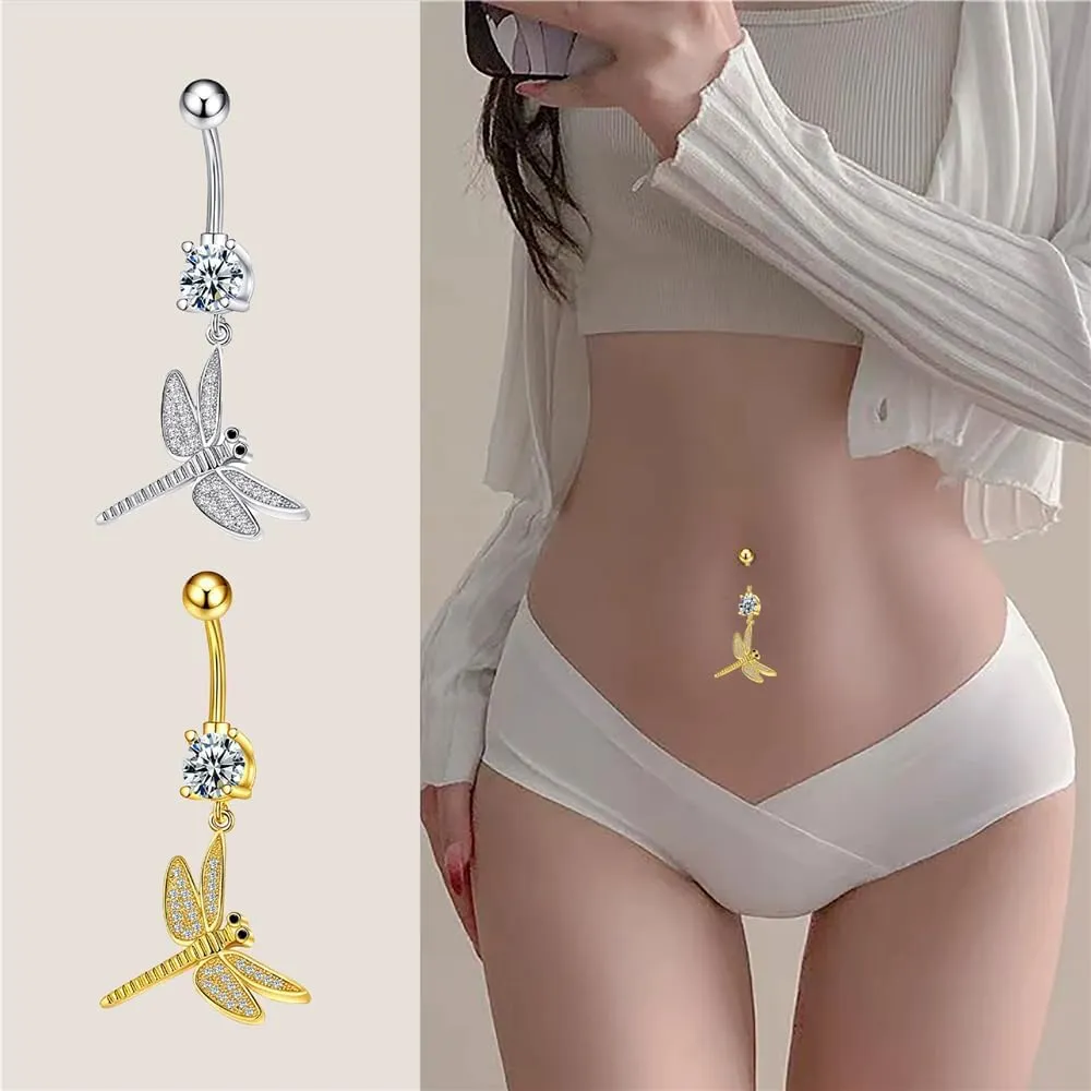 14G Rhinestone Dragonfly Dangle Belly Button Rings for Women Surgical Stainless Steel Cubic Zirconia Belly Navel Barbell Ring Body Piercing Jewelry