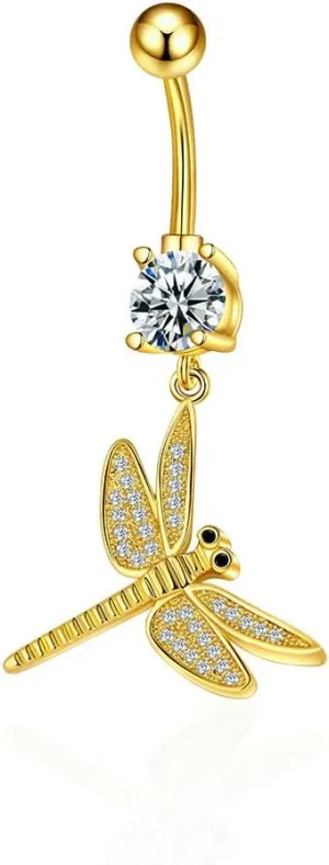 14G Rhinestone Dragonfly Dangle Belly Button Rings for Women Surgical Stainless Steel Cubic Zirconia Belly Navel Barbell Ring Body Piercing Jewelry