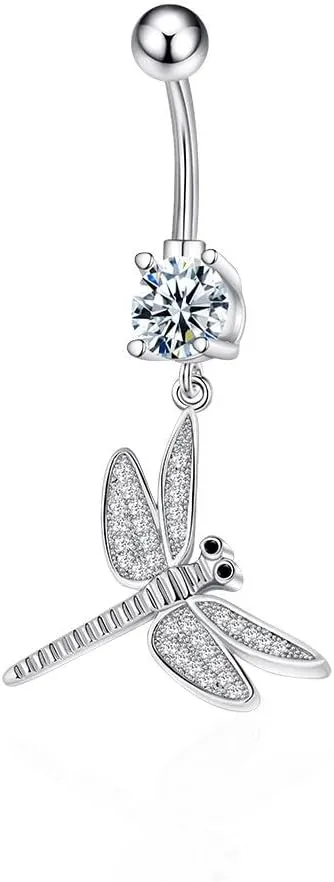 14G Rhinestone Dragonfly Dangle Belly Button Rings for Women Surgical Stainless Steel Cubic Zirconia Belly Navel Barbell Ring Body Piercing Jewelry