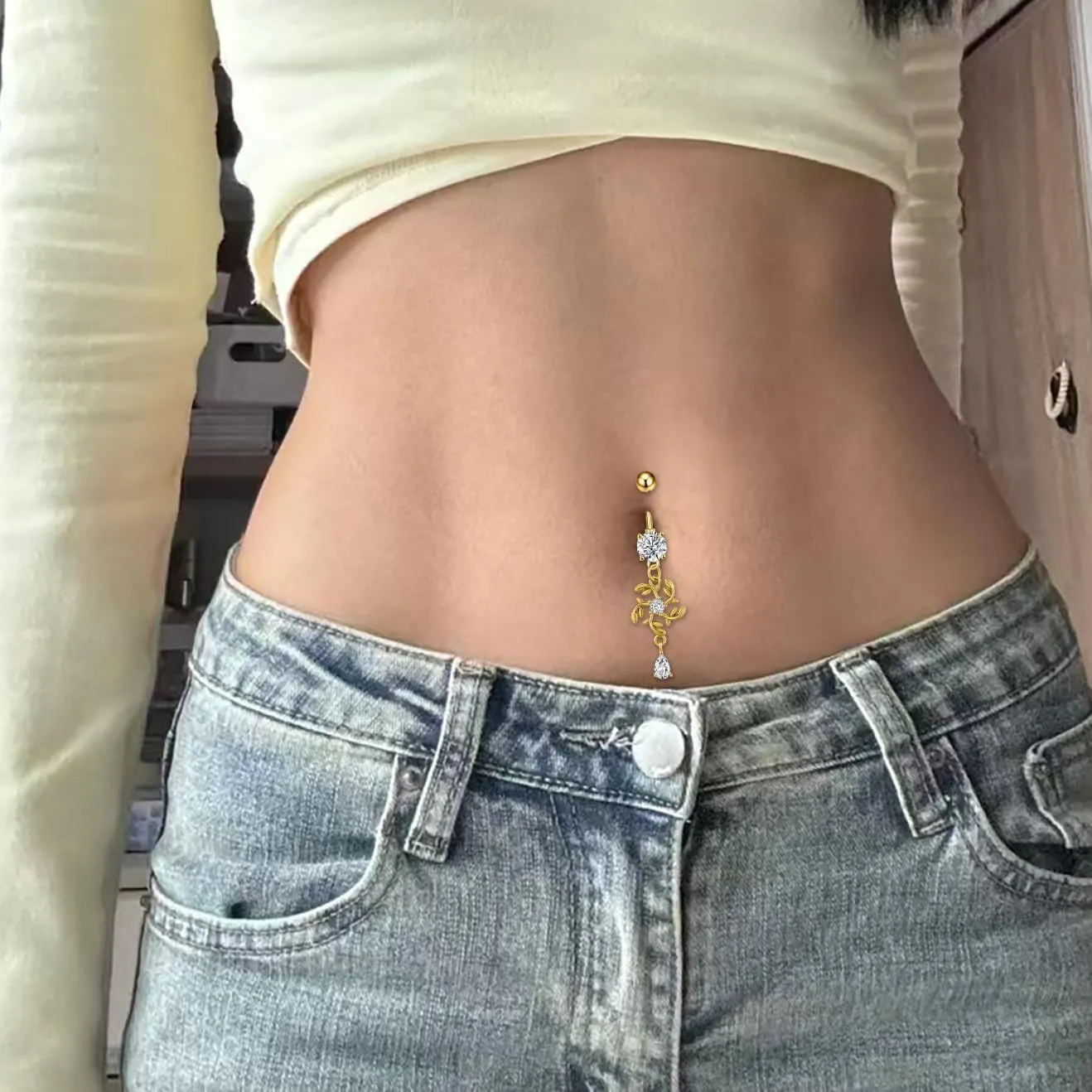 14G Rhinestone Snowflake Dangle Belly Button Rings for Women Hypoallergenic Stainless Steel Belly Navel Rings Belly Curved Barbell Dangling Belly Piercing Jewelry