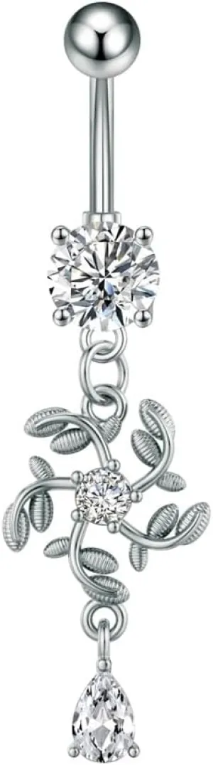 14G Rhinestone Snowflake Dangle Belly Button Rings for Women Hypoallergenic Stainless Steel Belly Navel Rings Belly Curved Barbell Dangling Belly Piercing Jewelry