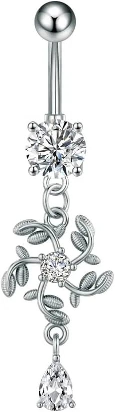 14G Rhinestone Snowflake Dangle Belly Button Rings for Women Hypoallergenic Stainless Steel Belly Navel Rings Belly Curved Barbell Dangling Belly Piercing Jewelry