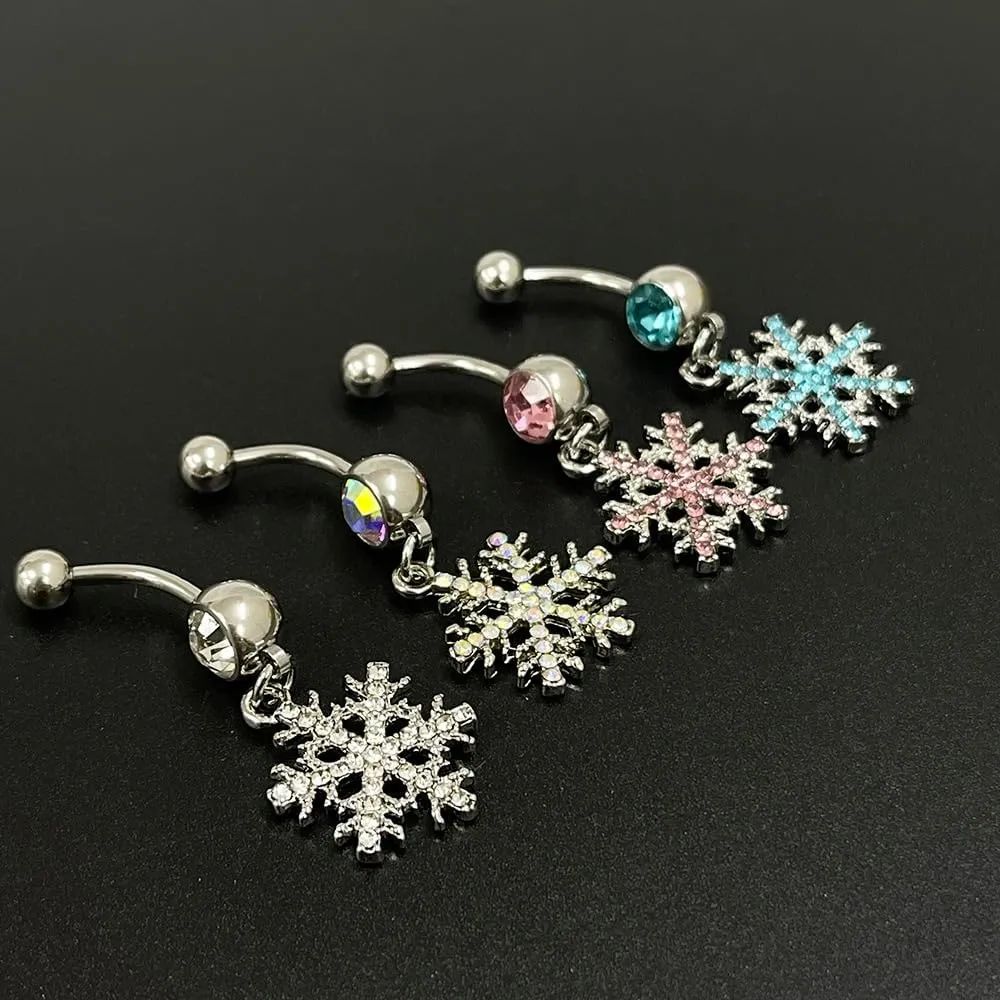 14G Sparkle Rhinestone Snowflake Dangle Belly Button Ring for Women - Hypoallergenic Surgical Steel Navel Rings Curved Barbell - Dainty Winter Body Piercing Jewelry