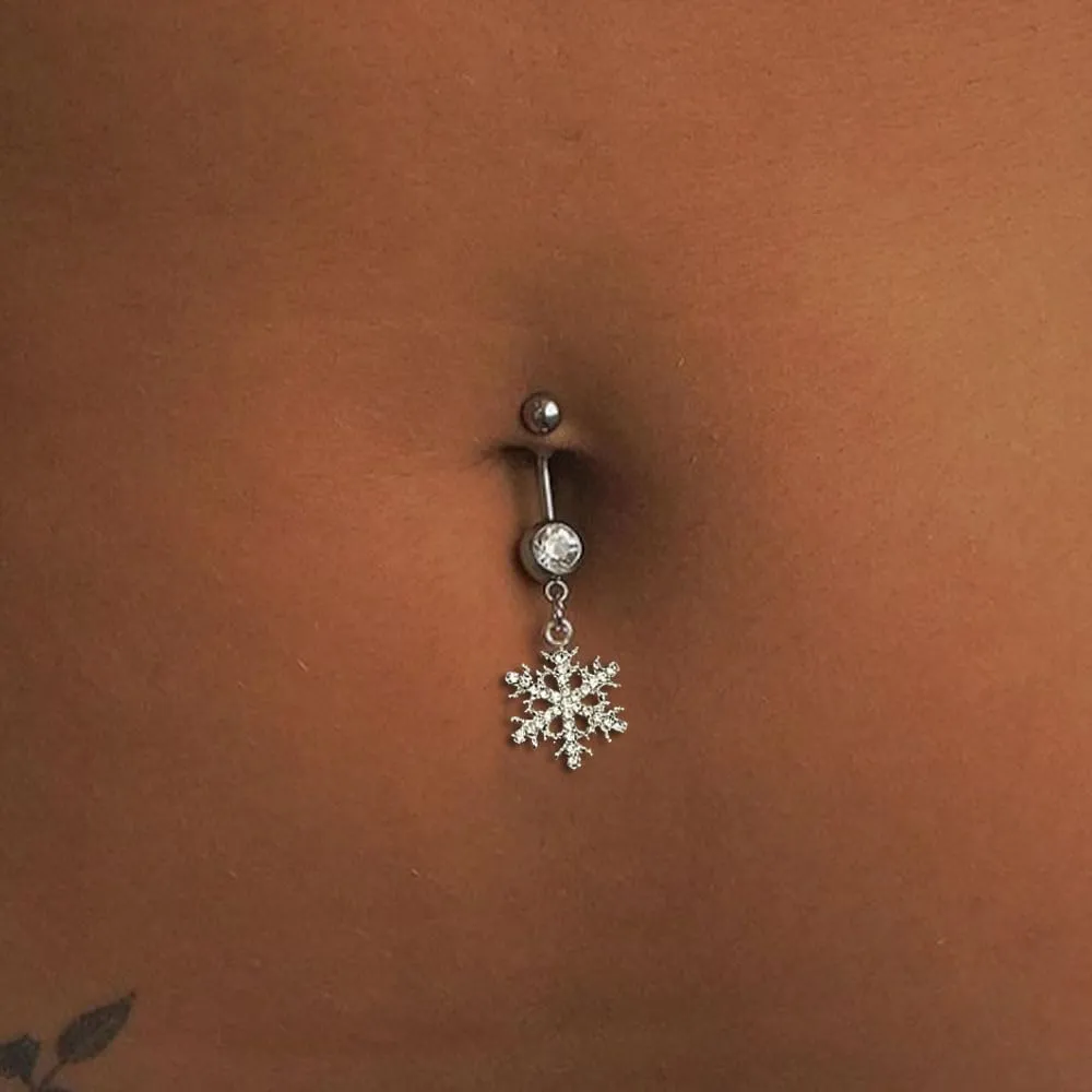 14G Sparkle Rhinestone Snowflake Dangle Belly Button Ring for Women - Hypoallergenic Surgical Steel Navel Rings Curved Barbell - Dainty Winter Body Piercing Jewelry