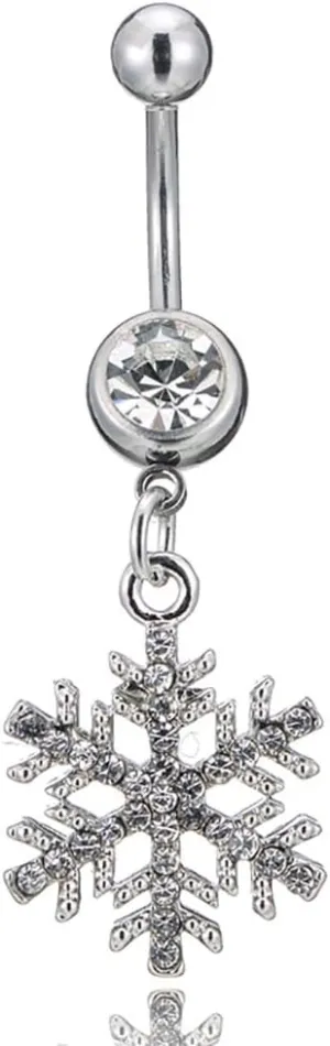 14G Sparkle Rhinestone Snowflake Dangle Belly Button Ring for Women - Hypoallergenic Surgical Steel Navel Rings Curved Barbell - Dainty Winter Body Piercing Jewelry