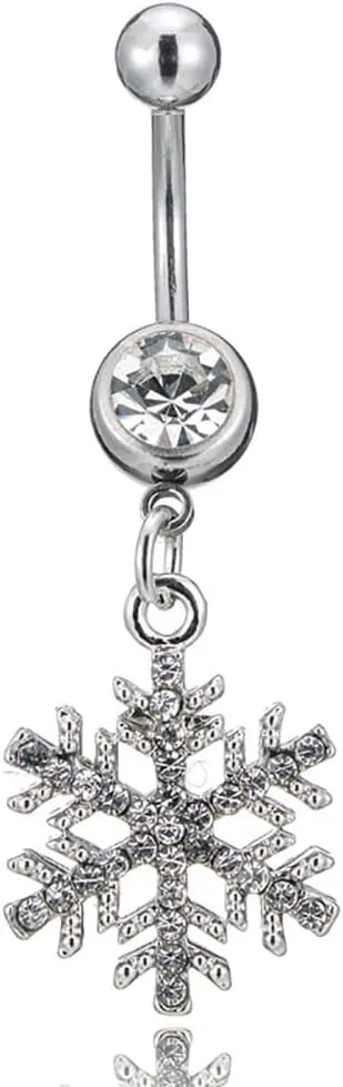 14G Sparkle Rhinestone Snowflake Dangle Belly Button Ring for Women - Hypoallergenic Surgical Steel Navel Rings Curved Barbell - Dainty Winter Body Piercing Jewelry