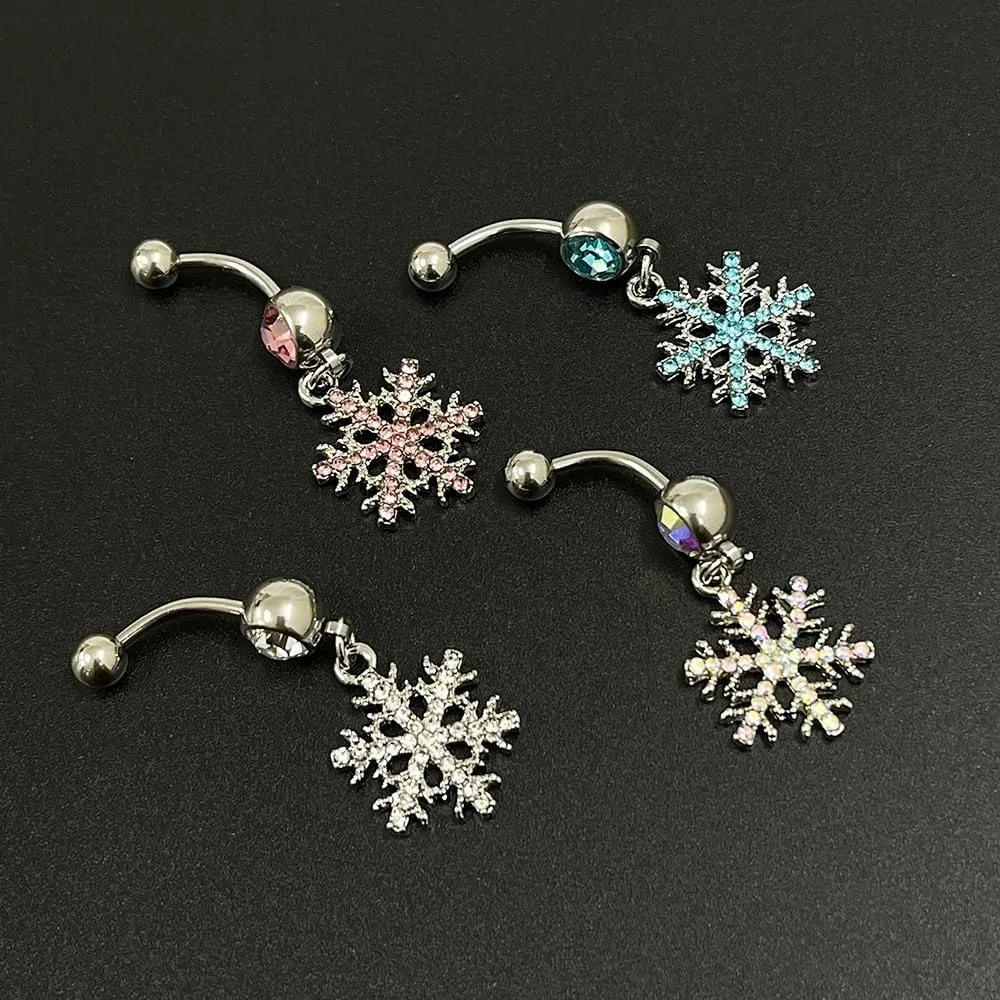 14G Sparkle Rhinestone Snowflake Dangle Belly Button Ring for Women - Hypoallergenic Surgical Steel Navel Rings Curved Barbell - Dainty Winter Body Piercing Jewelry