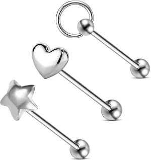14G Tongue Rings for Women and Men, Surgical Steel Piercing Jewelry, Silver, 14 Gauge 16mm Bar (Set of 3pcs)