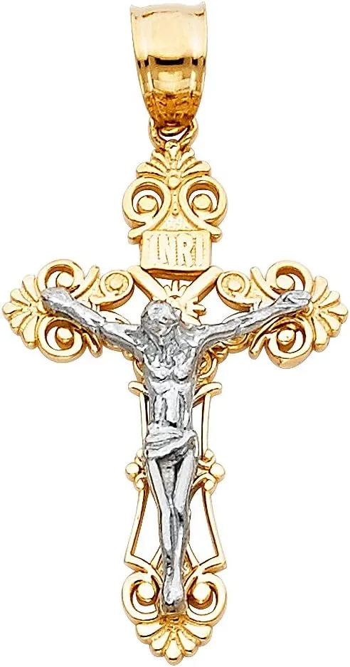 14K 2T Jesus Crucifix Cross Religious Pendant | 14K Two Tone Gold Christian Jewelry Jesus Pendant Locket For Men Women | 27 mm x 16 mm Gold Chain Pendants | Weight 1.7 grams