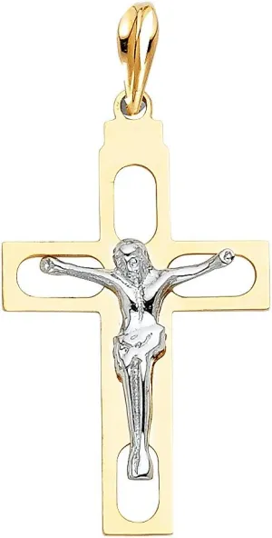14K 2T Religious Crucifix Pendant | 14K Two Tone Gold Christian Jewelry Jesus Pendant Locket For Men Women | 29 mm x 19 mm Gold Chain Pendants