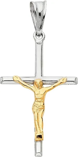 14K 2T Religious Crucifix Pendant | 14K Two Tone Gold Christian Jewelry Jesus Pendant Locket For Men Women | 38 mm x 25 mm Gold Chain Pendants