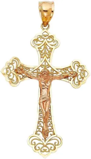 14K 2T Religious Crucifix Pendant | 14K Two Tone Gold Christian Jewelry Jesus Pendant Locket For Women Men | 40 mm x 28 mm Gold Chain Pendants | Weight 3.5 grams