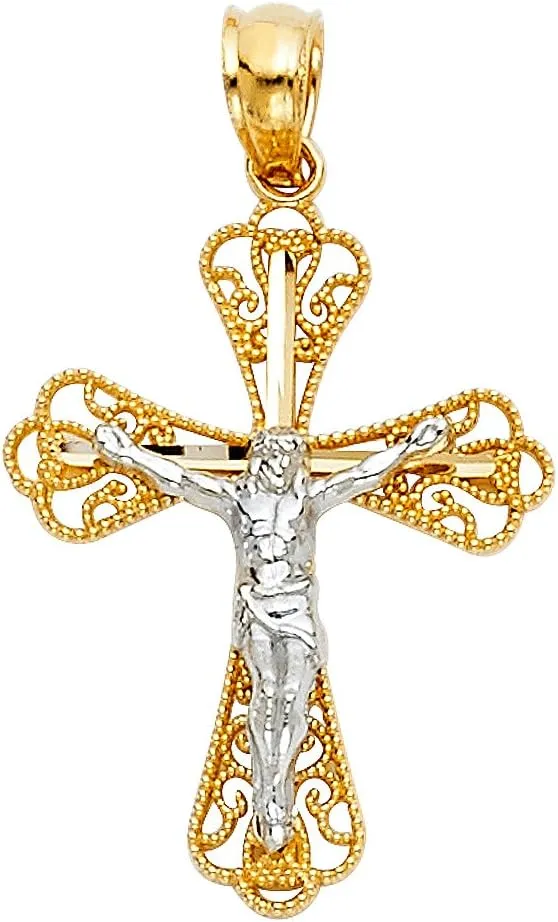 14K 2T Religious Crucifix Pendant | 14K Two Toner Gold Christian Jewelry Jesus Pendant Locket For Women Men | 22 mm x 18 mm Gold Chain Pendants | Weight 0.9 grams