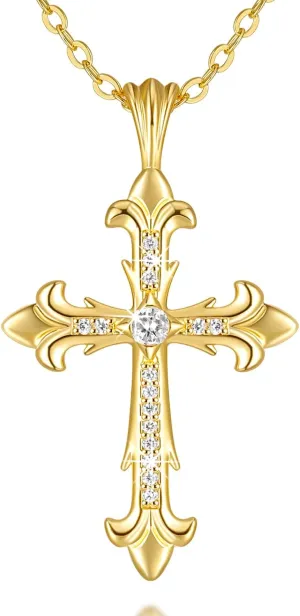 14K Gold Cross Necklace for Womens Gold Cross Necklace for Men Baroque Pendant Elegant Chain Women CZ Stones 43cm and 6cm