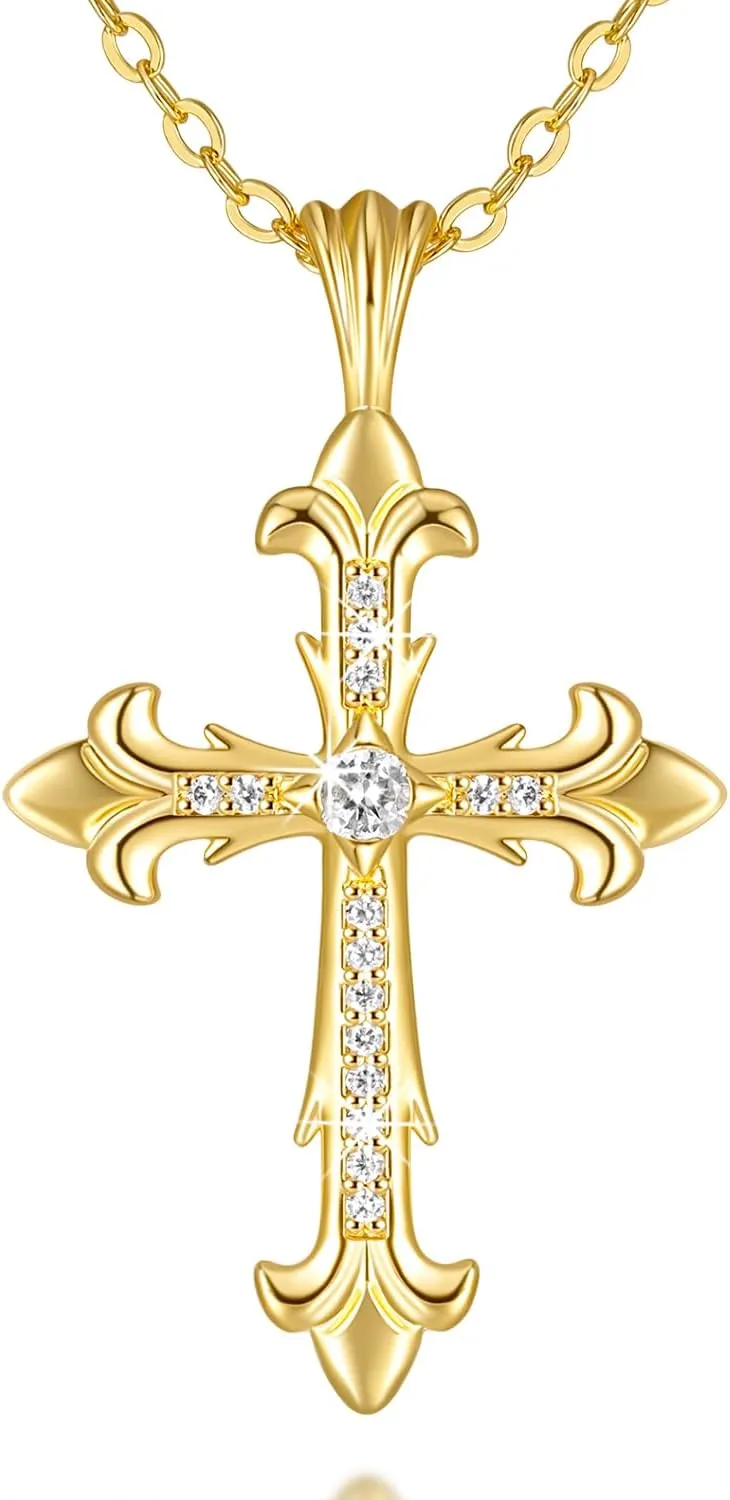 14K Gold Cross Necklace for Womens Gold Cross Necklace for Men Baroque Pendant Elegant Chain Women CZ Stones 43cm and 6cm