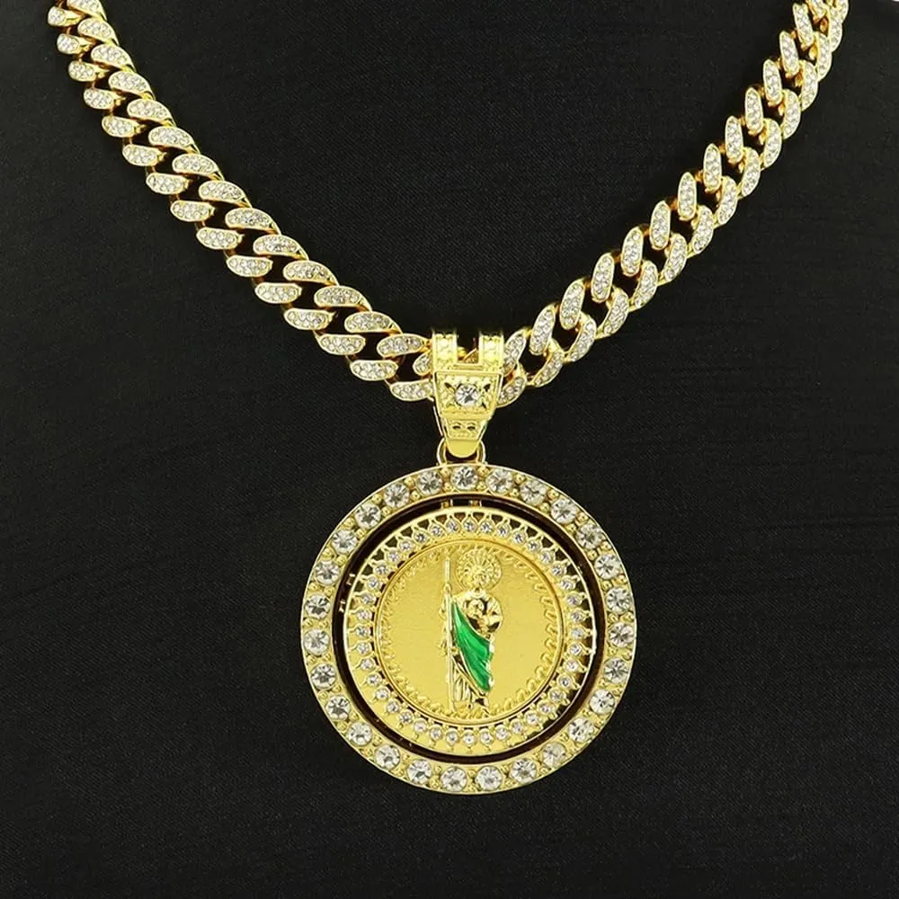 14K Gold Filled San Judas Necklace For Men And Women - Exquisite Zircon Jude Thaddeus Rainbow Crystal Pendant Prayer Religious Retro Necklace, St Jude Tadeo Medalla Cadena Oro Laminado