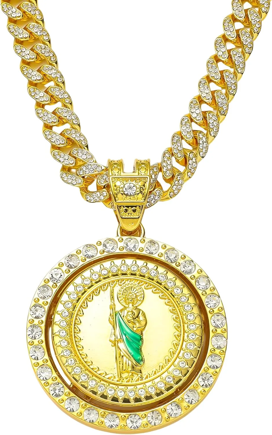 14K Gold Filled San Judas Necklace For Men And Women - Exquisite Zircon Jude Thaddeus Rainbow Crystal Pendant Prayer Religious Retro Necklace, St Jude Tadeo Medalla Cadena Oro Laminado