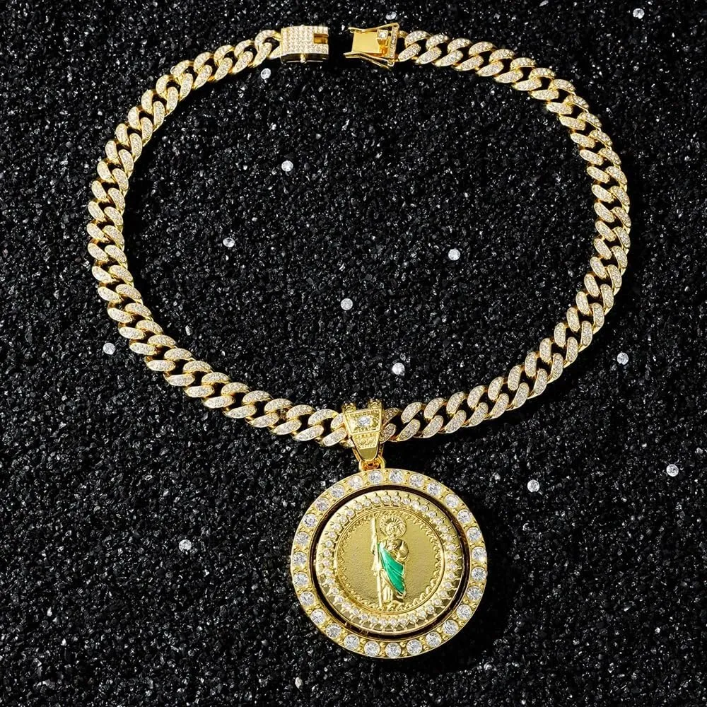 14K Gold Filled San Judas Necklace For Men And Women - Exquisite Zircon Jude Thaddeus Rainbow Crystal Pendant Prayer Religious Retro Necklace, St Jude Tadeo Medalla Cadena Oro Laminado