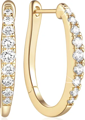 14K Gold Hoop Earrings for Women 14K Gold Earrings Unique U-shaped with Cubic Zirconia Gold Huggie Hoops Earrings Hypoallergenic Lightweight Gold Earrings for Women 25mm (25.1MM)